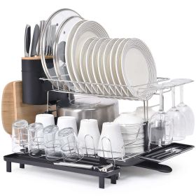 2 Tier Dish Rack; 304 Stainless Steel Dish Drainer; Large Capacity Dish Drying Rack with Removable Wine Glass Rack and Plate Rack