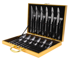 Elegant Western High-End Stainless Steel Tableware 24 Piece Set (Color: BLACK)