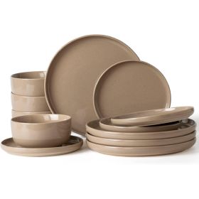 Plates and Bowls Set; 12 Pieces Dinnerware Sets; Dish Set for 4 (Color: Brown)